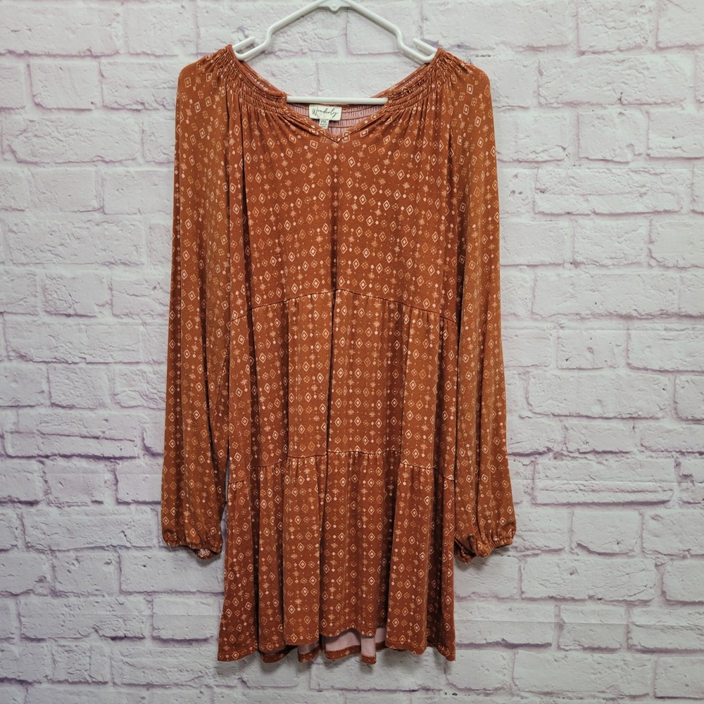 Wonderly Rust Boho Geometric Tiered Tunic Blouse PXL Peasant Cottagecore Indie